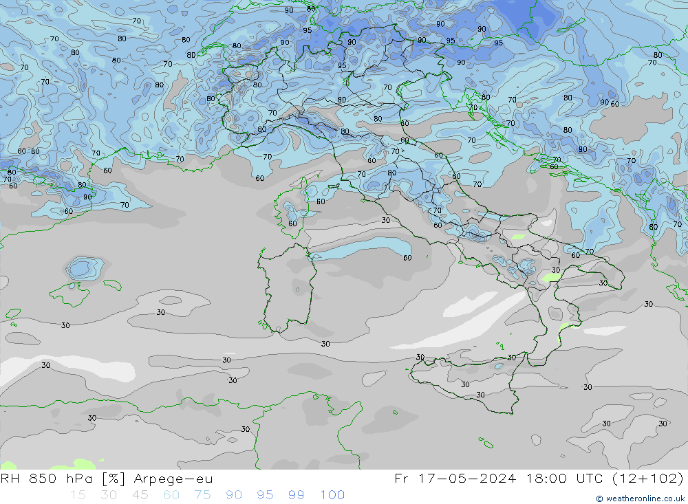 RH 850 hPa Arpege-eu ven 17.05.2024 18 UTC