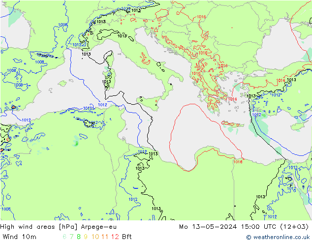 High wind areas Arpege-eu lun 13.05.2024 15 UTC