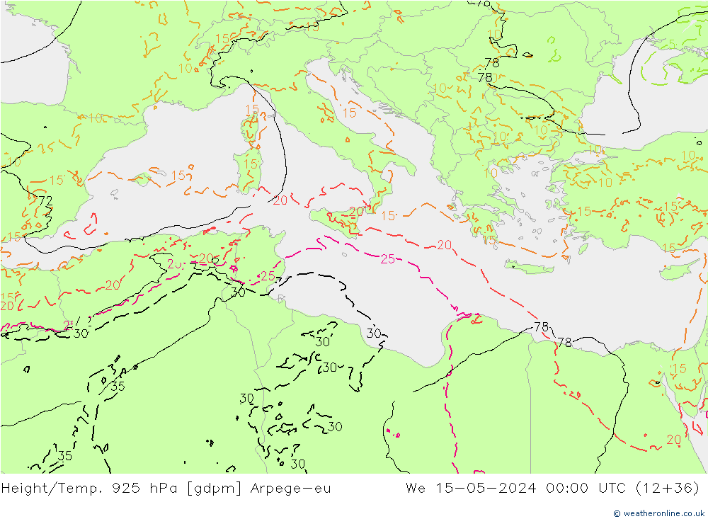 Height/Temp. 925 hPa Arpege-eu mer 15.05.2024 00 UTC