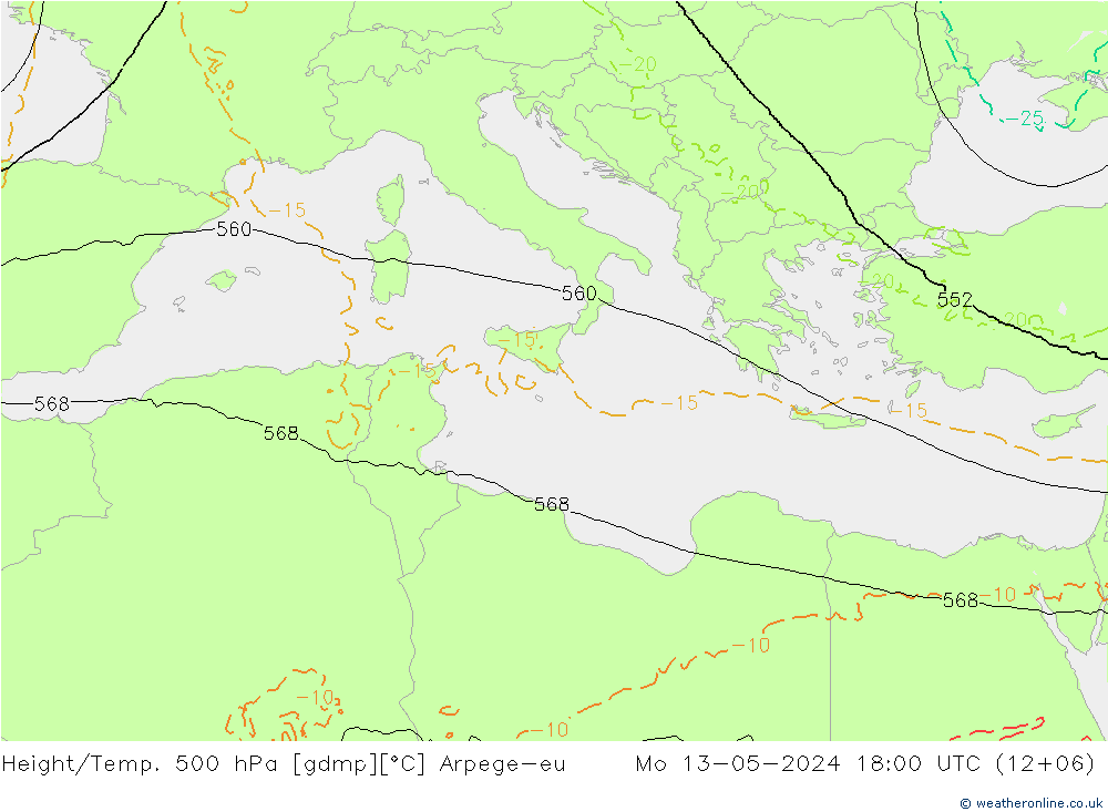Height/Temp. 500 hPa Arpege-eu Po 13.05.2024 18 UTC