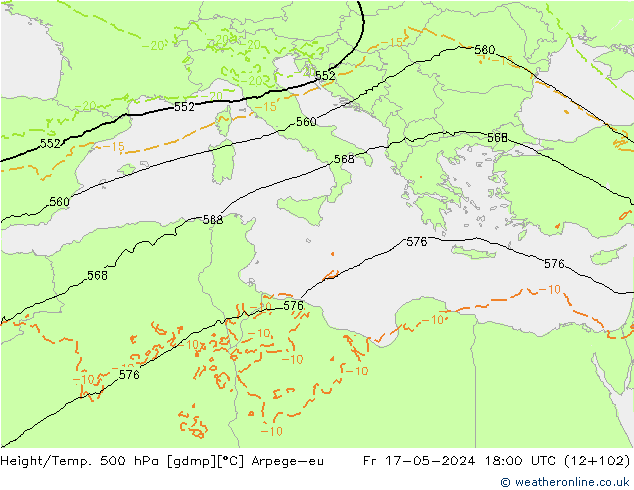Height/Temp. 500 hPa Arpege-eu Sex 17.05.2024 18 UTC