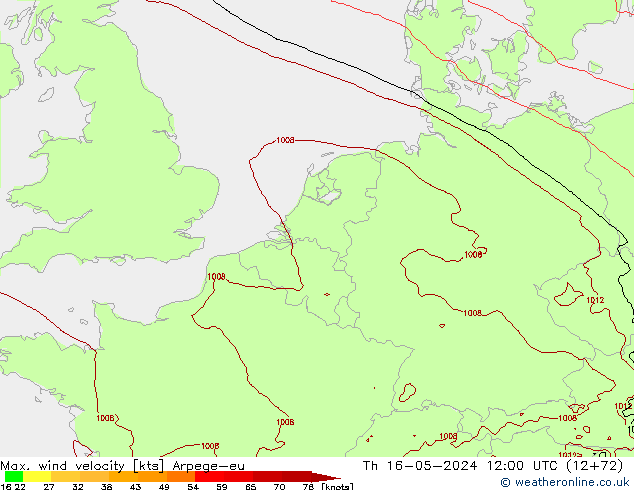 Max. wind velocity Arpege-eu Th 16.05.2024 12 UTC