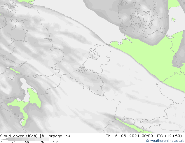 Cloud cover (high) Arpege-eu Th 16.05.2024 00 UTC