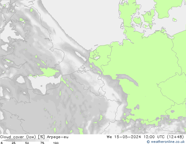 Cloud cover (low) Arpege-eu We 15.05.2024 12 UTC