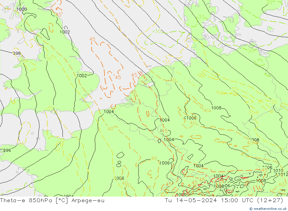 Theta-e 850hPa Arpege-eu Tu 14.05.2024 15 UTC