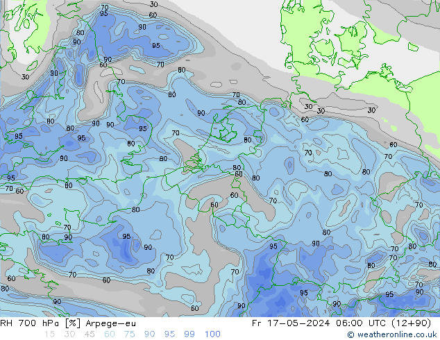 RH 700 гПа Arpege-eu пт 17.05.2024 06 UTC
