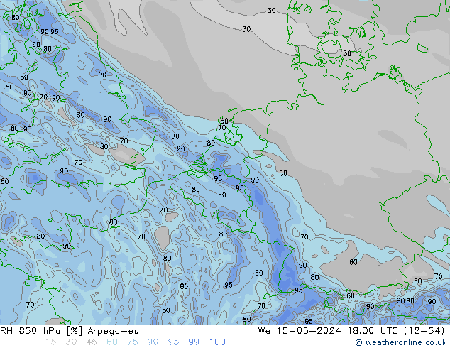 Humidité rel. 850 hPa Arpege-eu mer 15.05.2024 18 UTC
