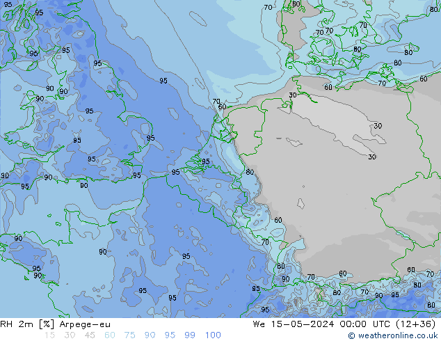 RH 2m Arpege-eu śro. 15.05.2024 00 UTC