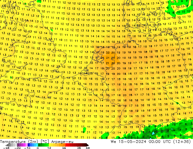 Sıcaklık Haritası (2m) Arpege-eu Çar 15.05.2024 00 UTC