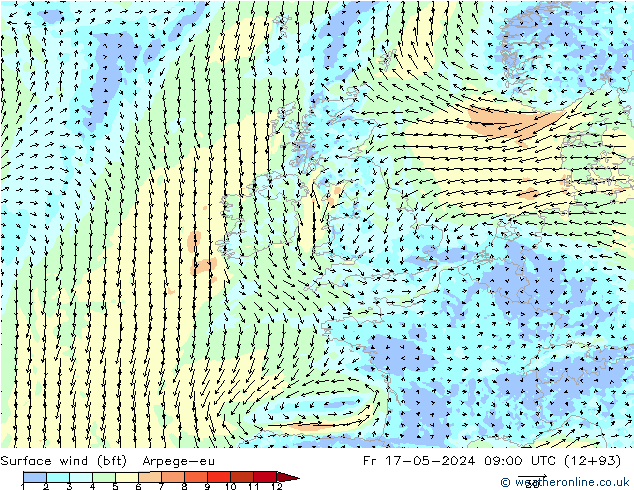 Wind 10 m (bft) Arpege-eu vr 17.05.2024 09 UTC