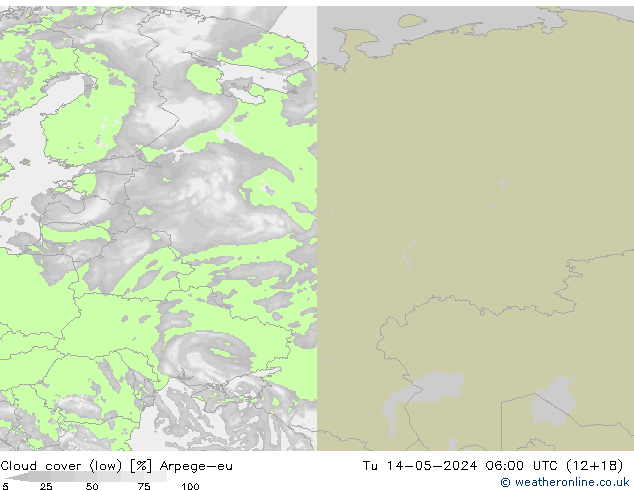 Cloud cover (low) Arpege-eu Tu 14.05.2024 06 UTC