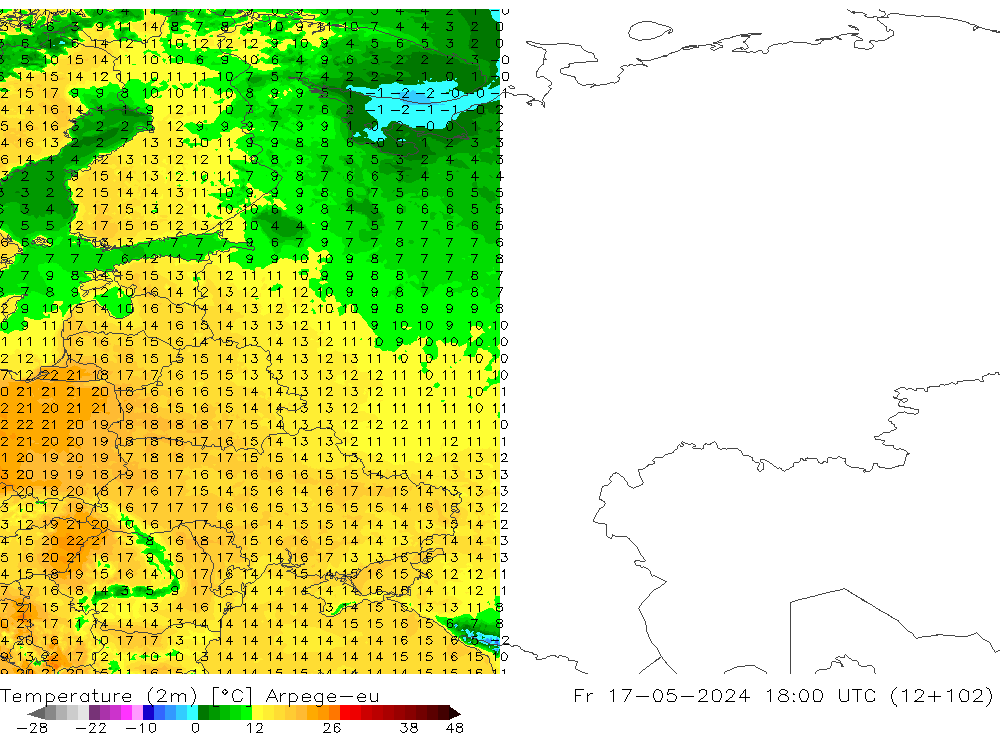 Temperatura (2m) Arpege-eu Sex 17.05.2024 18 UTC