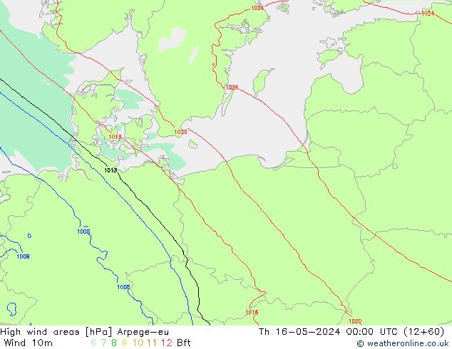 High wind areas Arpege-eu Čt 16.05.2024 00 UTC