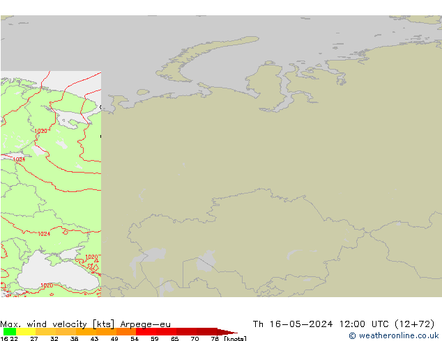 Max. wind velocity Arpege-eu чт 16.05.2024 12 UTC