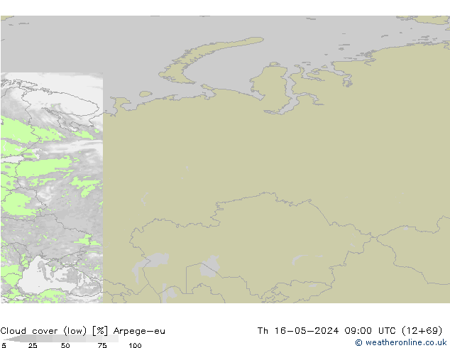 Cloud cover (low) Arpege-eu Th 16.05.2024 09 UTC