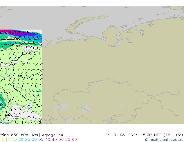 Vento 850 hPa Arpege-eu Sex 17.05.2024 18 UTC