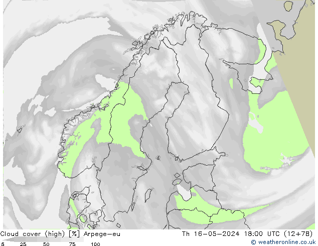 Cloud cover (high) Arpege-eu Th 16.05.2024 18 UTC