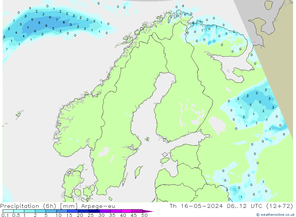 Precipitación (6h) Arpege-eu jue 16.05.2024 12 UTC