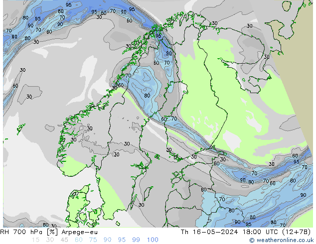 RH 700 hPa Arpege-eu Th 16.05.2024 18 UTC