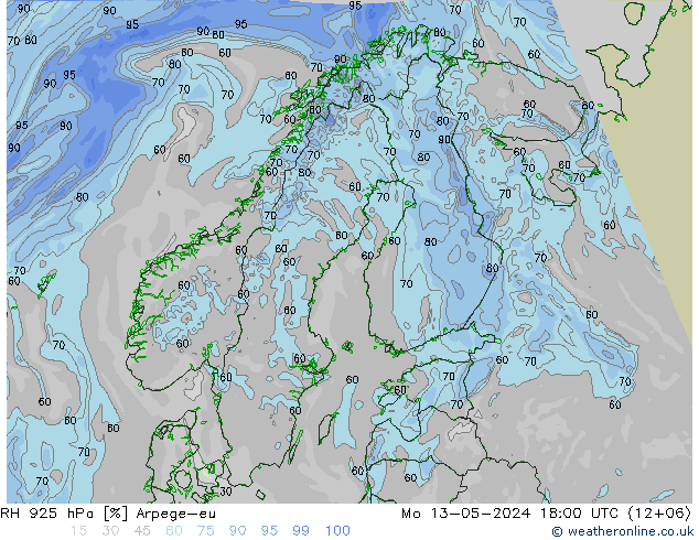Humidité rel. 925 hPa Arpege-eu lun 13.05.2024 18 UTC