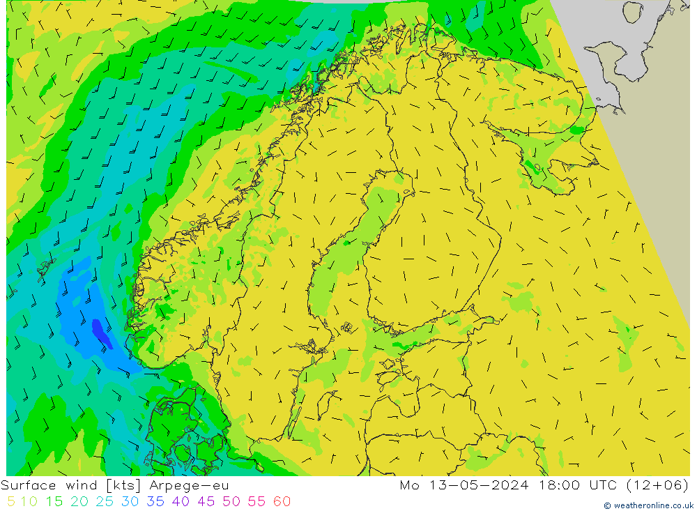 ветер 10 m Arpege-eu пн 13.05.2024 18 UTC