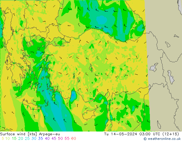 Surface wind Arpege-eu Út 14.05.2024 03 UTC