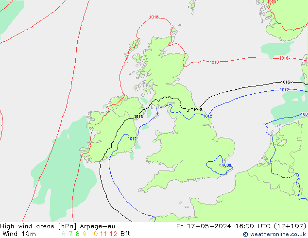 High wind areas Arpege-eu пт 17.05.2024 18 UTC