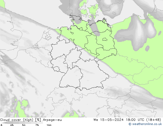 Cloud cover (high) Arpege-eu We 15.05.2024 18 UTC
