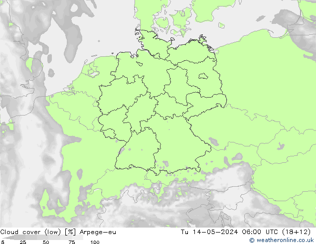nízká oblaka Arpege-eu Út 14.05.2024 06 UTC