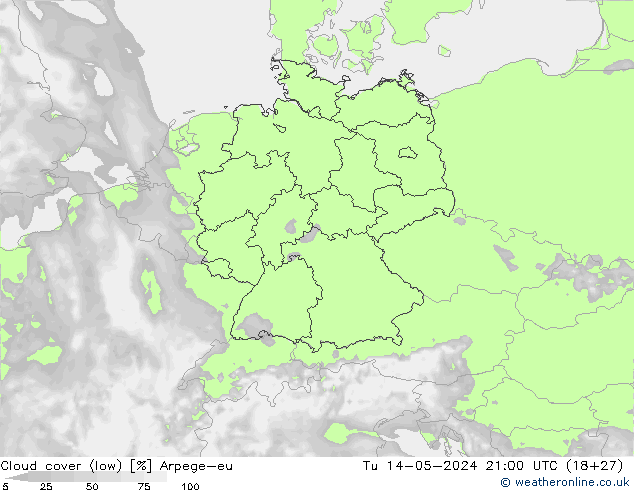 Cloud cover (low) Arpege-eu Tu 14.05.2024 21 UTC