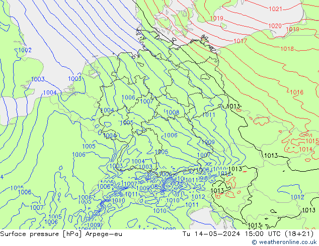 Surface pressure Arpege-eu Tu 14.05.2024 15 UTC