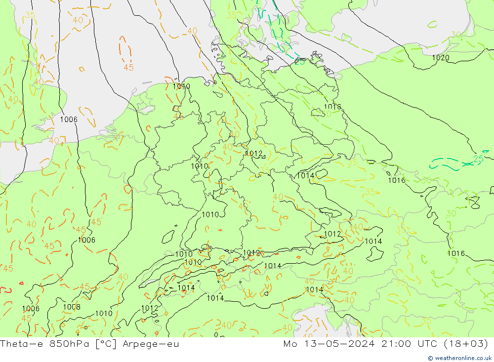 Theta-e 850hPa Arpege-eu lun 13.05.2024 21 UTC