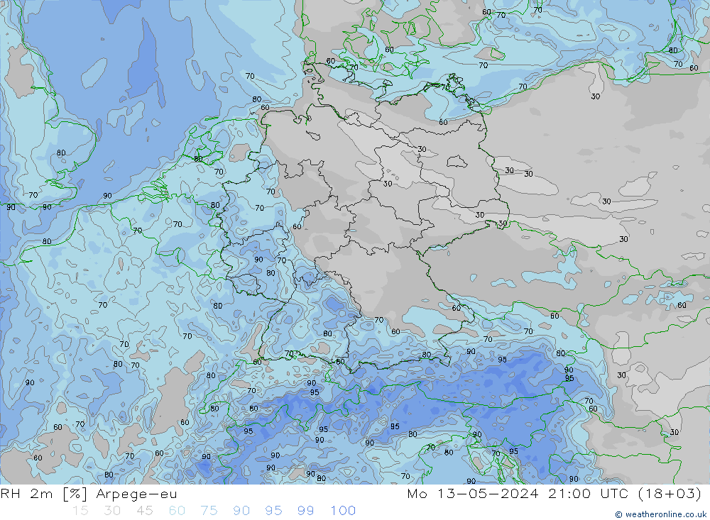 Humedad rel. 2m Arpege-eu lun 13.05.2024 21 UTC