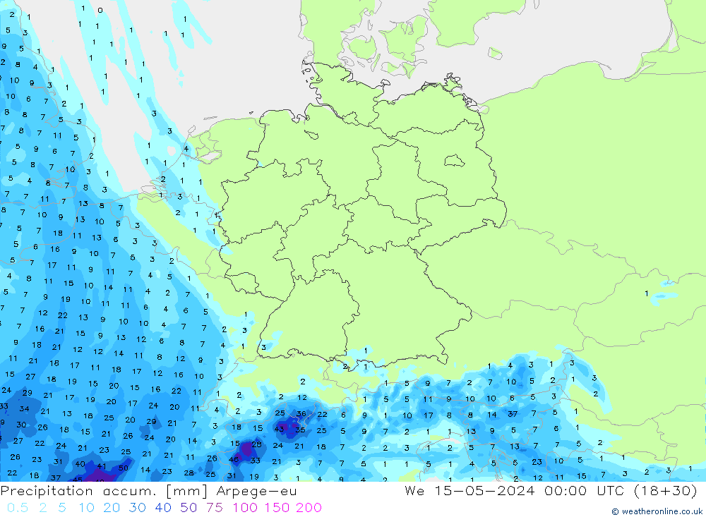 Precipitation accum. Arpege-eu St 15.05.2024 00 UTC