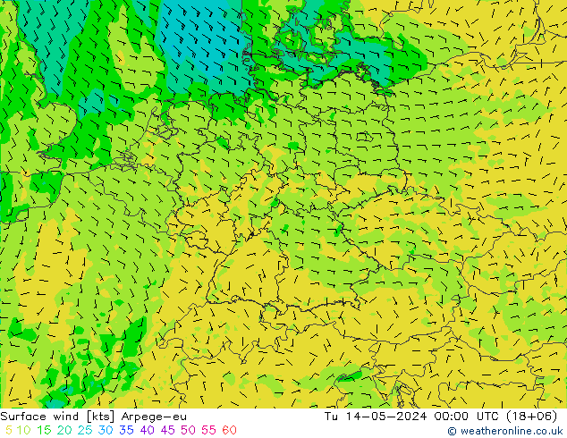 Surface wind Arpege-eu Út 14.05.2024 00 UTC