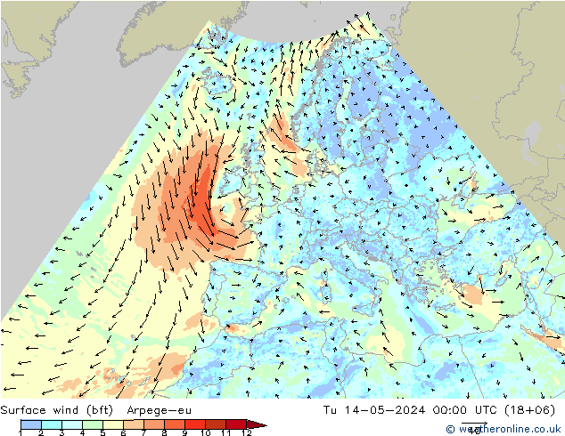 Surface wind (bft) Arpege-eu Tu 14.05.2024 00 UTC