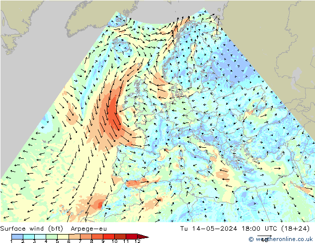 Wind 10 m (bft) Arpege-eu di 14.05.2024 18 UTC