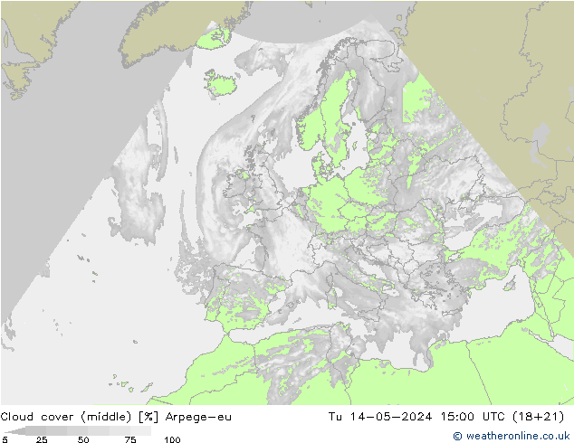 Cloud cover (middle) Arpege-eu Tu 14.05.2024 15 UTC