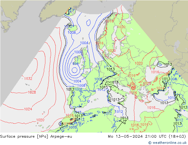 地面气压 Arpege-eu 星期一 13.05.2024 21 UTC