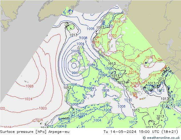 Surface pressure Arpege-eu Tu 14.05.2024 15 UTC