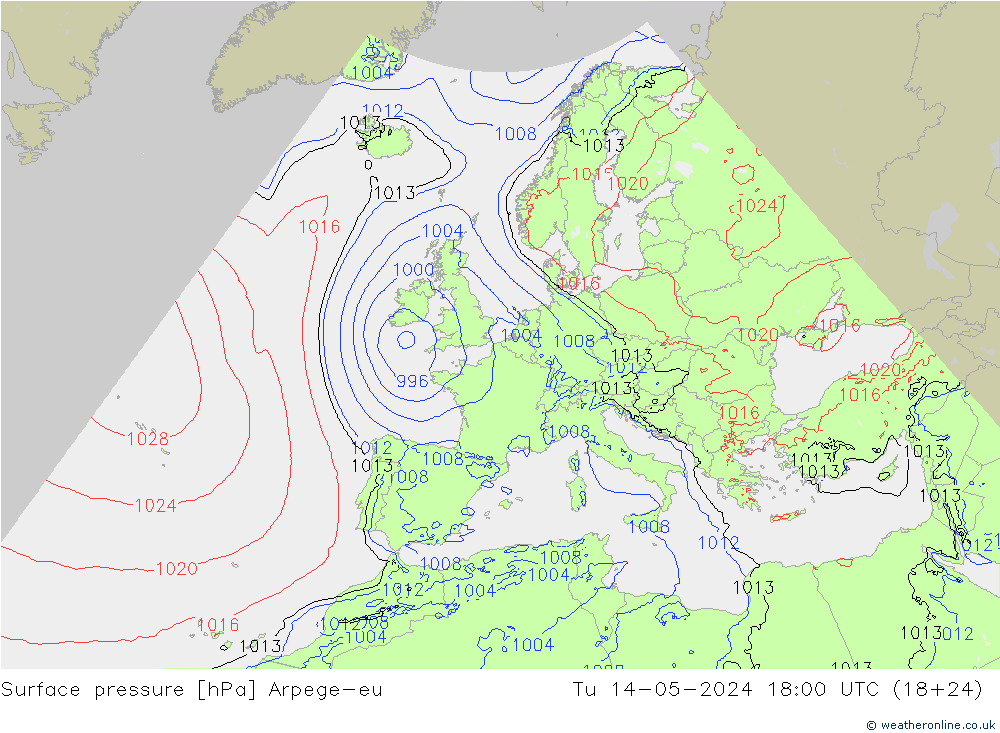 地面气压 Arpege-eu 星期二 14.05.2024 18 UTC