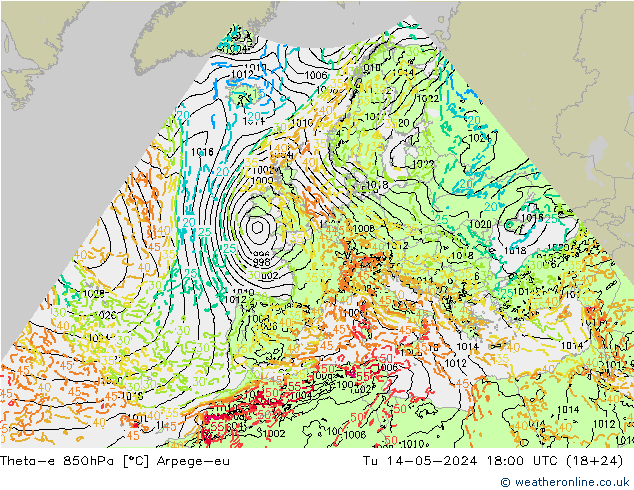 Theta-e 850hPa Arpege-eu 星期二 14.05.2024 18 UTC