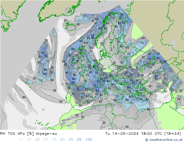 RH 700 hPa Arpege-eu 星期二 14.05.2024 18 UTC