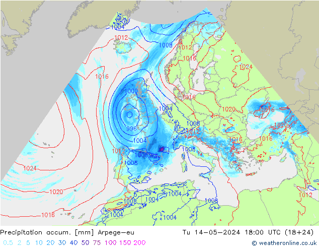 Precipitation accum. Arpege-eu 星期二 14.05.2024 18 UTC