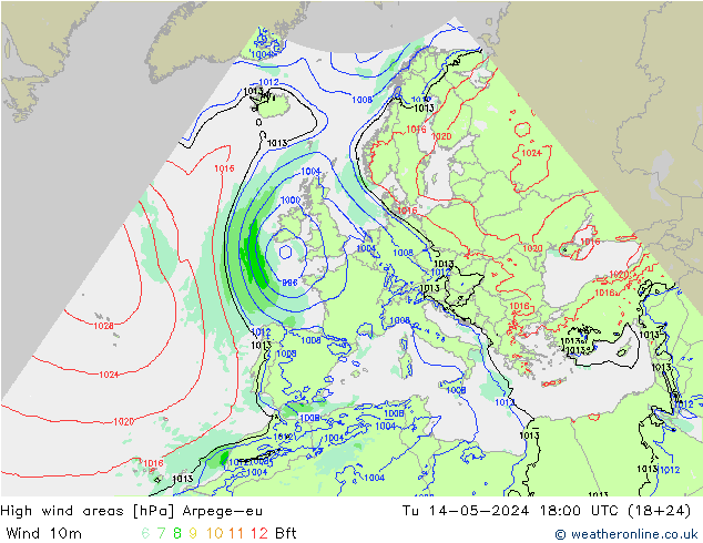 High wind areas Arpege-eu 星期二 14.05.2024 18 UTC