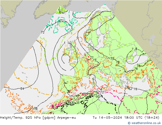 Height/Temp. 925 hPa Arpege-eu 星期二 14.05.2024 18 UTC