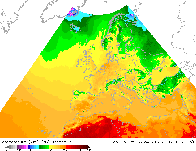 Temperature (2m) Arpege-eu Mo 13.05.2024 21 UTC