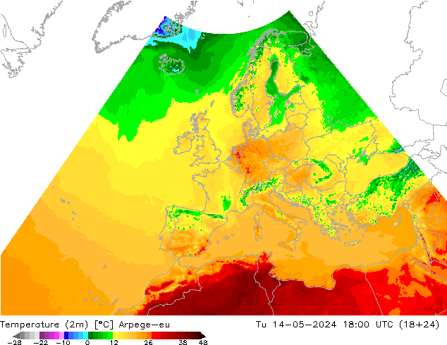Temperatura (2m) Arpege-eu mar 14.05.2024 18 UTC