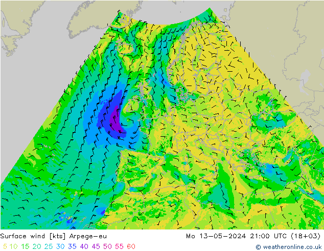 Surface wind Arpege-eu Mo 13.05.2024 21 UTC