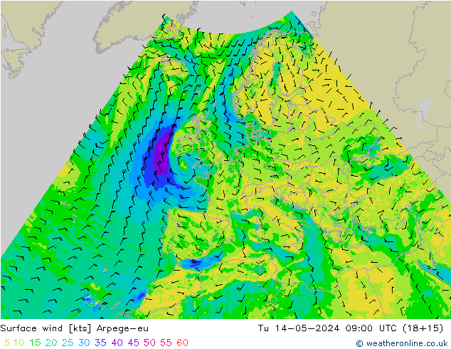 Surface wind Arpege-eu Út 14.05.2024 09 UTC